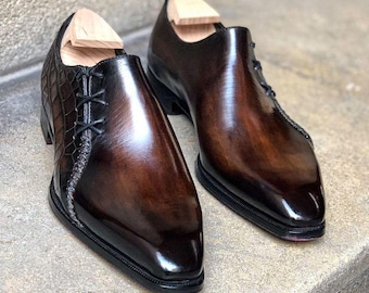Handmade Brown Patina Oxford Shoes: Two-Tone Leather, Side Laces