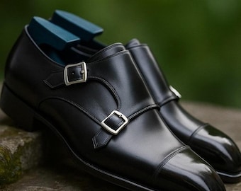 Zapatos de doble hebilla de cuero negro hechos a mano: zapatos de vestir formales para hombre