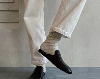 Handmade men black leather mules slipper shoe : casual dress up.