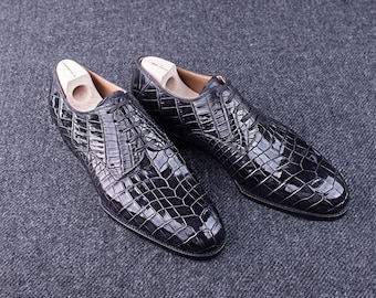 Zapatos Oxford de piel de cocodrilo negra hechos a mano: zapatos de vestir formales para hombre