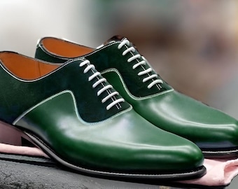 New men’s Handmade Two-Tone Suede & Green Leather Oxford Shoes