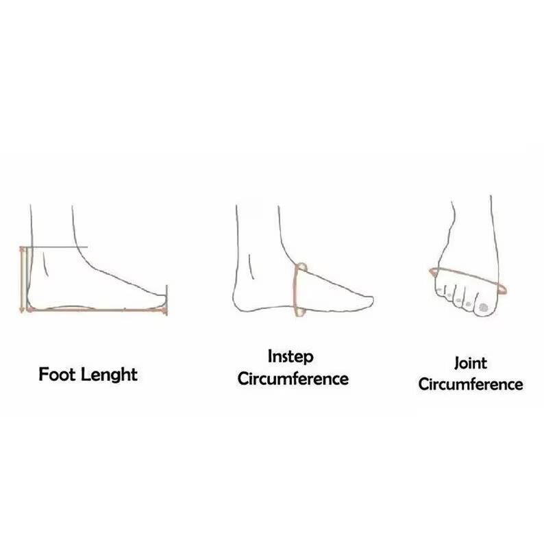May include: Diagram illustrating how to measure foot length, instep circumference, and joint circumference. The image shows line drawings of feet with measurement lines and text labels: "Foot Length", "Instep Circumference", and "Joint Circumference".