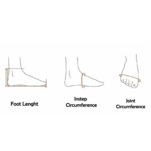 May include: Diagram illustrating how to measure foot length, instep circumference, and joint circumference. The image shows line drawings of a foot with measurement lines and text labels: "Foot Length", "Instep Circumference", and "Joint Circumference".