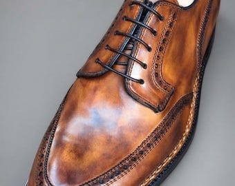 Men’s Brown Leather Wingtip Oxford Shoes, Handmade Brogue Dress Shoes
