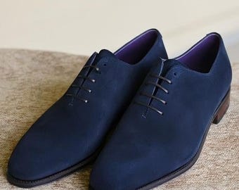 Handmade Navy Suede Oxford Shoes: Whole-Cut Leather Formal Wear