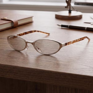 Minimalistische ovale Metallbrille, Bügel in Schildpattoptik, leichtes Vintage-Modell für den Büroalltag.