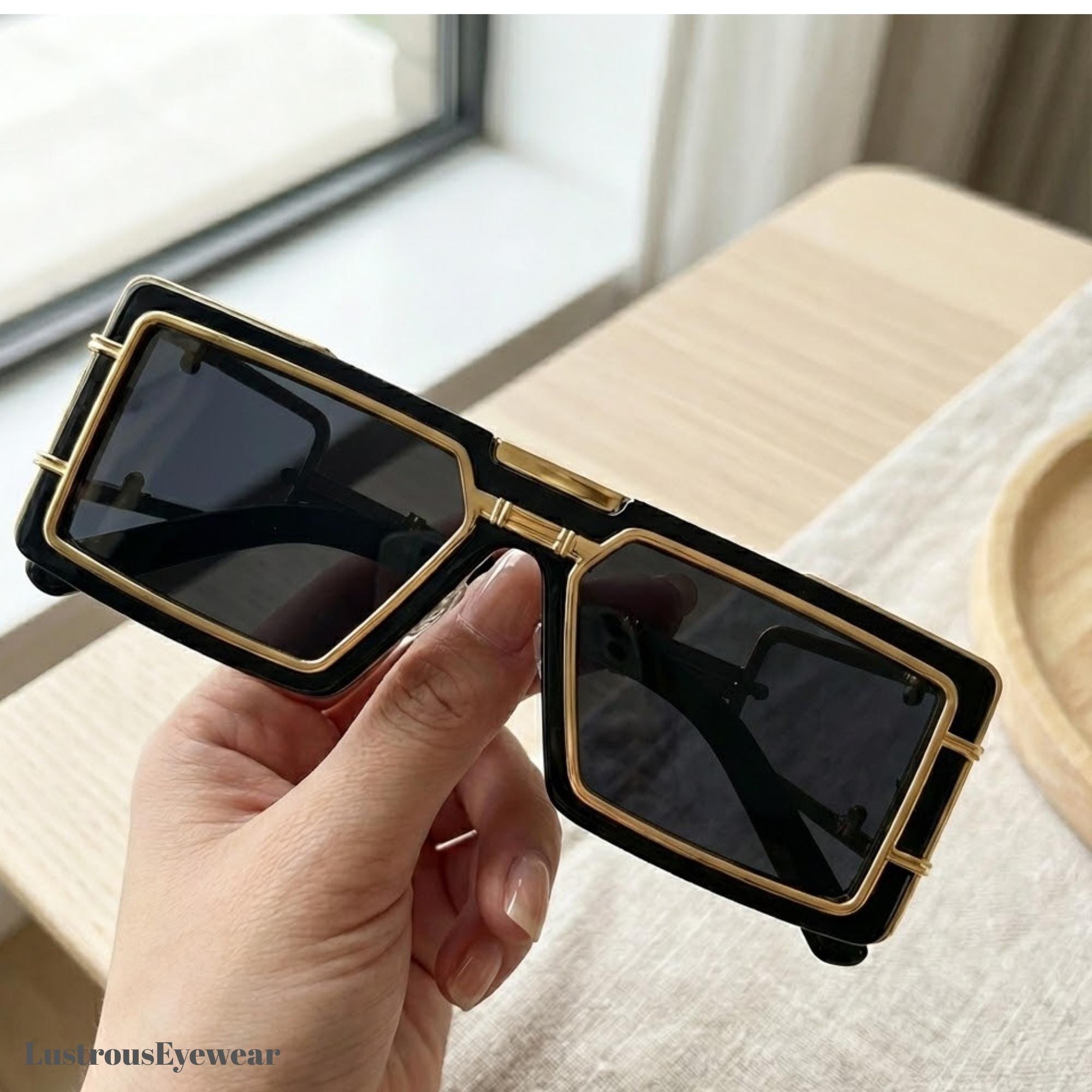 Blue Oversized Square Sunglasses | Luxe Gold Accent Designer Inspired Shades Black Thick Oversized Square Gradient Sunglasses with Yellow  main image 4