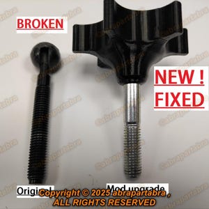 Puede incluir: Primer plano de dos tornillos de metal. El tornillo de la izquierda está roto y tiene un acabado negro. El tornillo de la derecha es nuevo y tiene un acabado plateado. El tornillo de la derecha tiene una perilla de plástico negro con cinco puntos.