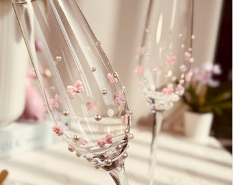 Hand-Adorned Pearl & Crystal Champagne Flutes, Inlaid  Elegant Toasting Glasses Celebrations Luxury Anniversary Birthday Gift Party Favors