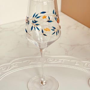 Blue Leaf Wine Glass Hand Painted Personalized Stemless glass | Unique Gift for Wine Lover, Her Birthday, Home Decor