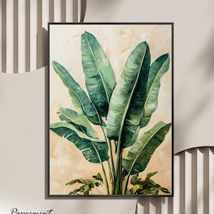 Decorazione murale botanica con foglie di banano, stampabile, download digitale di piante verdi tropicali, arredamento moderno per la casa in stile giungla, stampa istantanea