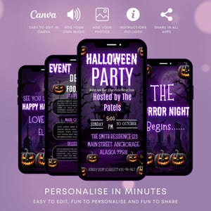 Purple Halloween Party Invitation | Editable Canva Template | Spooky Graveyard Theme | Digital Download | Fun Halloween Invite
