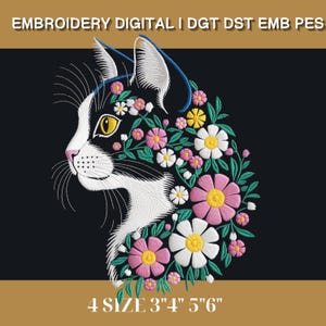 Floral Cat Embroidery Design Digital Download Animal Embroidery Pattern Machine File