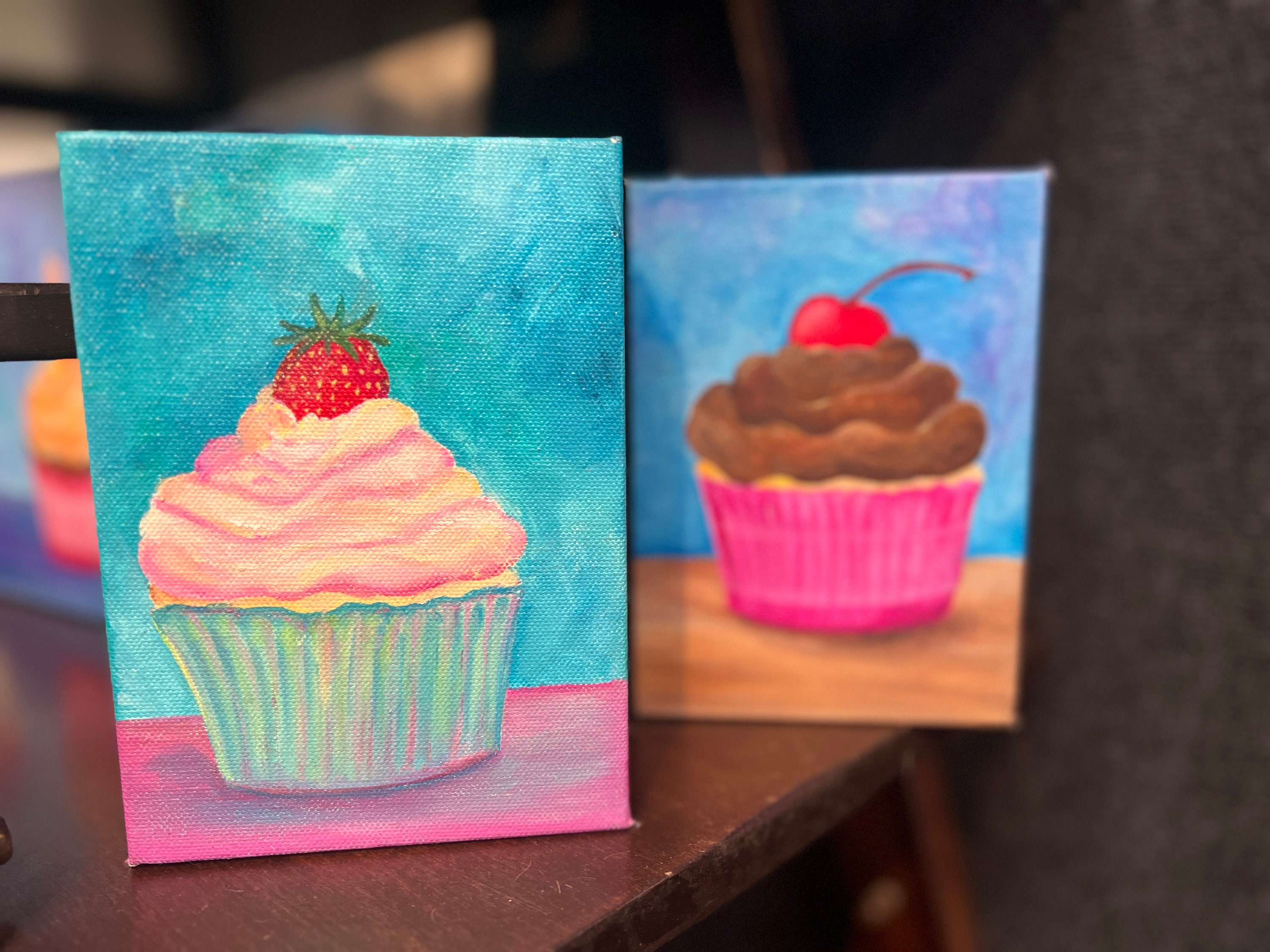 Hand Made Cupcake Painting, Mini Canvas, Mushrooms, Miniature