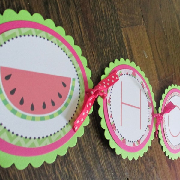 READY TO SHIP Watermelon: Large Happy Birthday Banner. Summer. Seeds. Watermelons. Red Pink Hot Pink Lime Green. Fun. Birthday. Melon Fruit