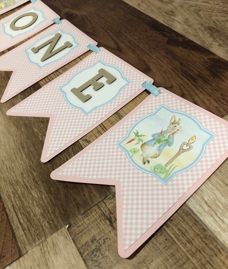 Mr Rabbit Girl ONE Banner Pennant Happy Birthday High Chair Banner Smash Photo Shoot First Birthday High Chair Decor Gingham Pink Blue