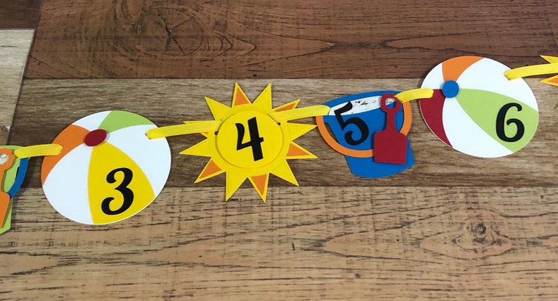 Die Cut Pieces Milestone First Birthday Monthly Photo Banner with clips Pictures Sand Bucket Ball Umbrella Sunglasses Beach Bum Collection