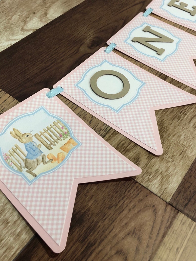 Mr Rabbit Girl ONE Banner Pennant Happy Birthday High Chair Banner Smash Photo Shoot First Birthday High Chair Decor Gingham Pink Blue