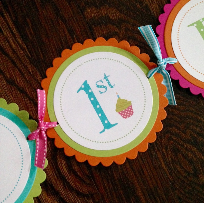 Vibrant Summer BRIGHTS Polka Dot Large Birthday Banner Cupcake Polka Dot Girl Personalized. Colorful First Birthday Candle