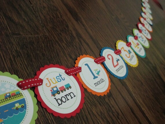 Transportation Collection: Just Born/0-12month First Birthday Photo Picture Banner. First Birthday Banner. First Year. Car Plane Truck Il_570xn