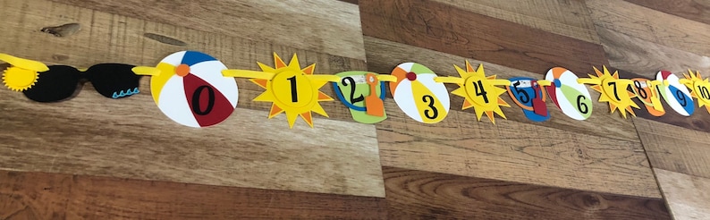 Die Cut Pieces Milestone First Birthday Monthly Photo Banner with clips Pictures Sand Bucket Ball Umbrella Sunglasses Beach Bum Collection