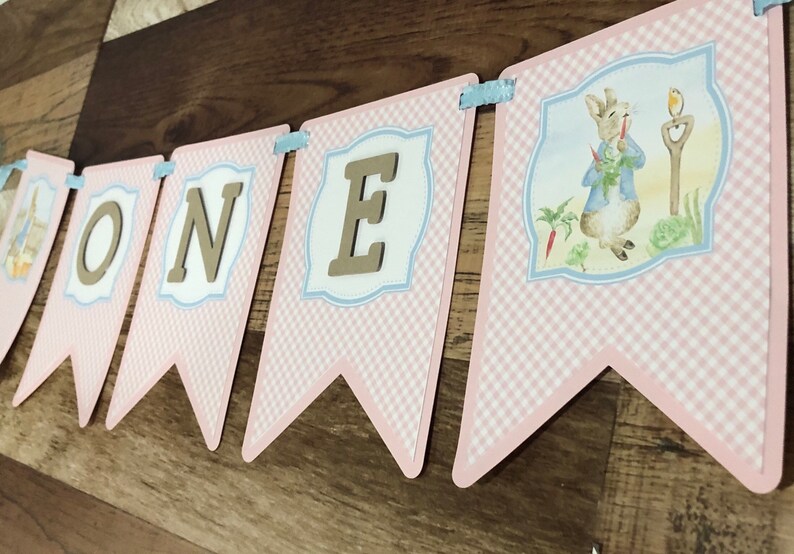 Mr Rabbit Girl ONE Banner Pennant Happy Birthday High Chair Banner Smash Photo Shoot First Birthday High Chair Decor Gingham Pink Blue