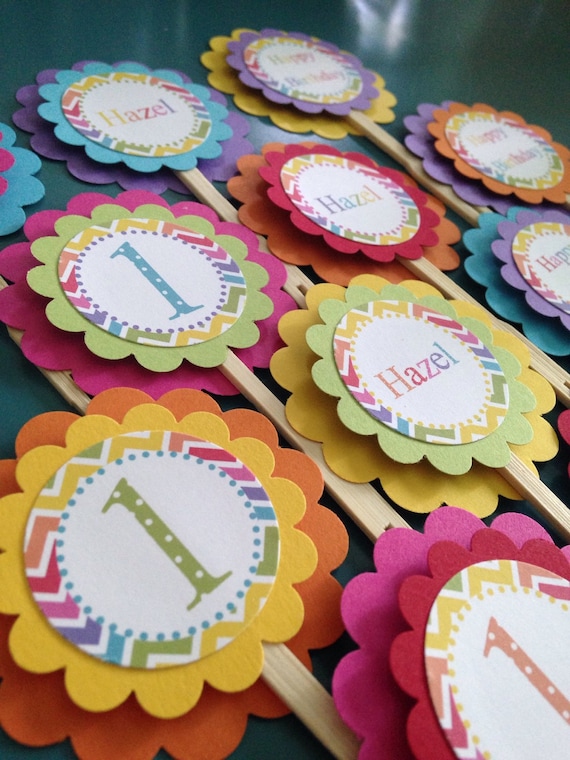 Rainbow Chevron Collection: Cupcake Toppers, Set of 12. Rainbow Colors. Brights. Chevron. Fun. Girly. Il_570xn