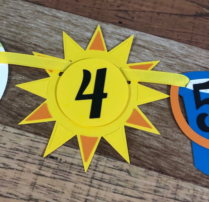 Die Cut Pieces Milestone First Birthday Monthly Photo Banner with clips Pictures Sand Bucket Ball Umbrella Sunglasses Beach Bum Collection