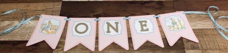 Mr Rabbit Girl ONE Banner Pennant Happy Birthday High Chair Banner Smash Photo Shoot First Birthday High Chair Decor Gingham Pink Blue