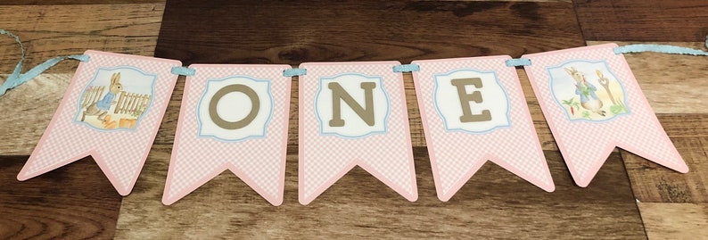 Mr Rabbit Girl ONE Banner Pennant Happy Birthday High Chair Banner Smash Photo Shoot First Birthday High Chair Decor Gingham Pink Blue