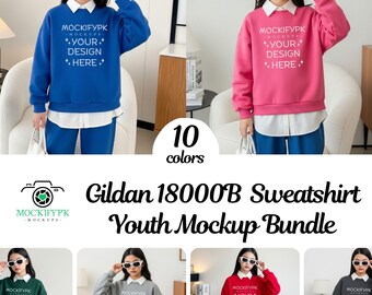 ギルダン 18000B ユースガール スウェットシャツ モックアップバンドル 10個、キッズセーター 幼児用 モックアップモデル、ボヘミアン シンプル トレンディ、クルーネックスウェットシャツ モックアップ