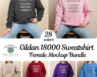 28x Gildan 18000 Sweatshirt Mockup Bundle, G180 Crewneck Mock-up, Oversized Sweater Female Model Mock Neutral Casual Simple Trendy, POD