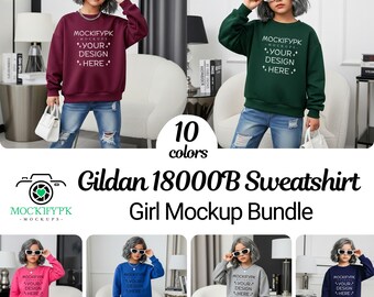 ギルダン 18000B ガールズ スウェットシャツ モックアップ バンドル 10個、キッズ ユース モデル セーター モックアップ G18000B、プルオーバー POD モック