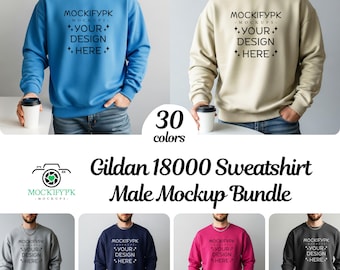 30x Gildan 18000 Male Model Mockup Bundle, Crewneck Sweatshirt Mockup, POD Man Oversized sweater, G180 Mens Mock-Ups Trendy Simple