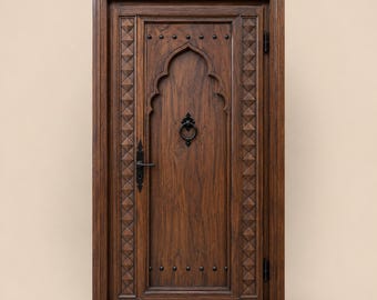 Handmade Moroccan Arched Wooden Door, Custom Moorish Riad Entryway, Studded Diamond Frame Panel Decor
