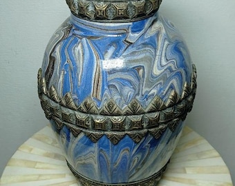 Large Antique Moroccan Blue Ceramic Vase Brass Decor Handmade Vintage Home Interior Collectible Rare