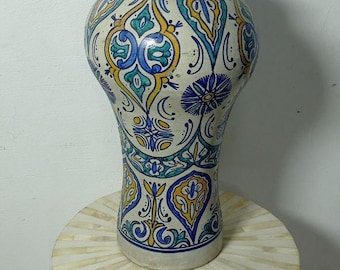 Antique Hand Painted Moroccan Ceramic Vase Large Traditional Blue Yellow Floral Art