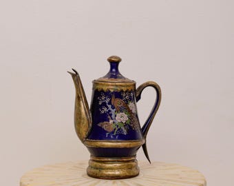 Antique Enamel Teapot Hand Painted Blue Metal Vintage Decorative Coffee Pot Peacock