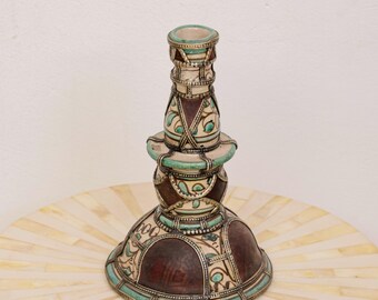 Antique Hand Painted Ceramic Candlestick Moroccan Vintage Pottery Decorative Candle Holder
