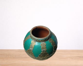 Antique Moroccan Green Vase With Brass Details Handmade Vintage Pottery Home Decor