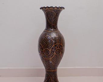 Tall Antique Moroccan Blue Pottery Vase Hand Painted Islamic Geometric Art Decor