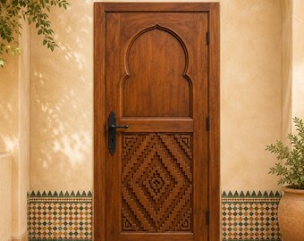 Handmade Moroccan Arched Wooden Door, Custom Berber Riad Entryway, Geometric Diamond Carved Panel Decor