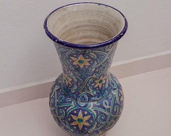 Antique Moroccan Blue Ceramic Vase Hand Painted Floral Islamic Pattern Art Decor