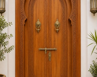 Custom Moroccan Arched Double Wooden Door, Hand Carved Solid Entry Door for Elegant Interiors
