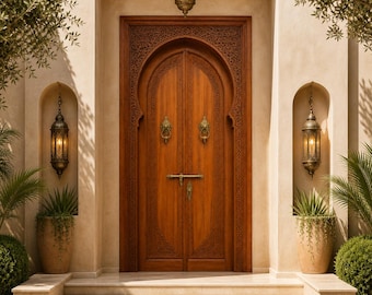 Custom Moroccan Arched Double Wooden Door, Hand Carved Solid Entry Door for Elegant Interiors