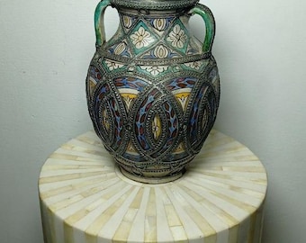 Antique Moroccan Enamel Ceramic Vase Two Handles Brass Frame Handmade Vintage Decor Collectible