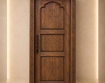 Handmade Moroccan Arched Wooden Door, Custom Berber Riad Entryway, Moorish Carved Wood Panel Decor