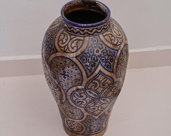 Large Antique Moroccan Blue Pottery Vase Hand Painted Traditional Islamic Art Decor