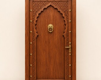 Handmade Moroccan Brass Studded Wooden Door, Custom Moorish Riad Entryway, Scalloped Arch Panel Decor