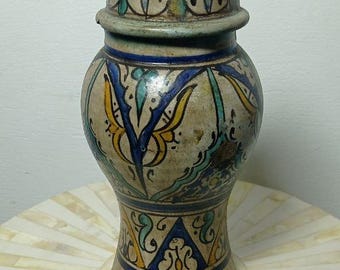 Antique Moroccan Ceramic Jar With Lid Hand Painted Traditional Vintage Pottery Art